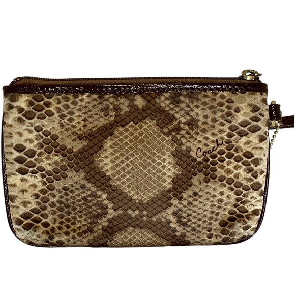 Coach Brown Snakeskin Print Pattern Nylon Cloth Small Wristlet Wallet - Picture 3 of 4